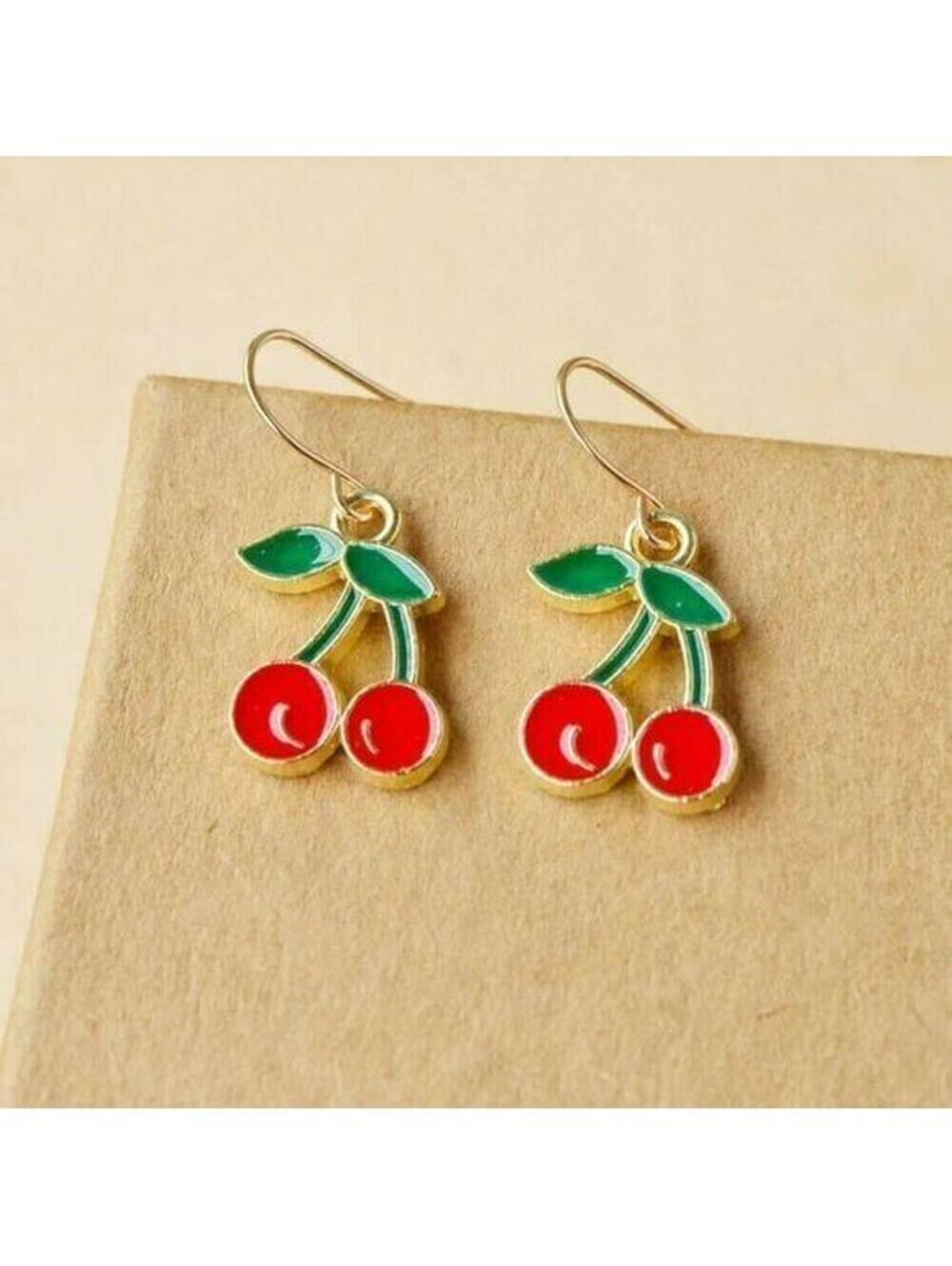 Handmade Enameled Red Cherries Charm Dangle Gold Plated Earrings